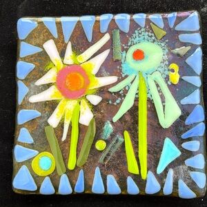 “Wild Flower ”Fused Art Glass  Handmade 6”Square Bowl Amber By Victoria Heisler